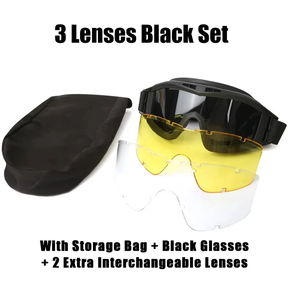 Tactical Goggles with 3 Interchangeable Lenses, Windproof Dustproof Safety Glasses for Outdoor Climbing Sport Protective Eyewear 3 Lenses Set Black