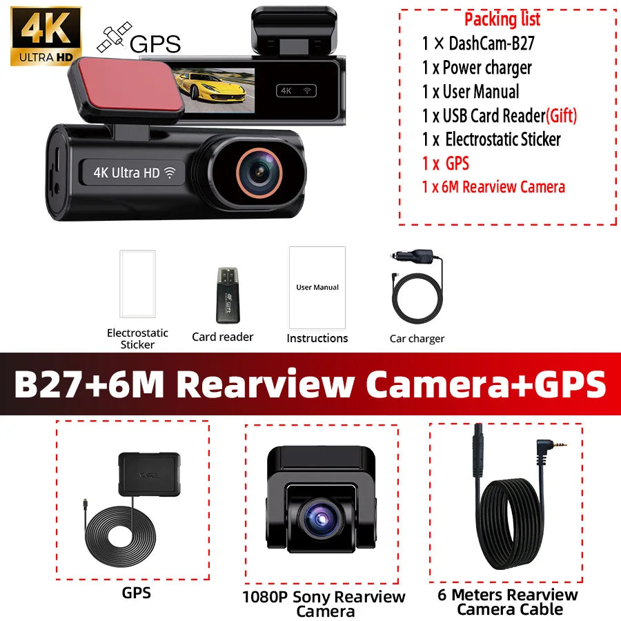 ACCEO Dash Cam WIFI GPS Mini Car DVR &ndash; 4K Front Dual With 6M RC-GPS / 64G