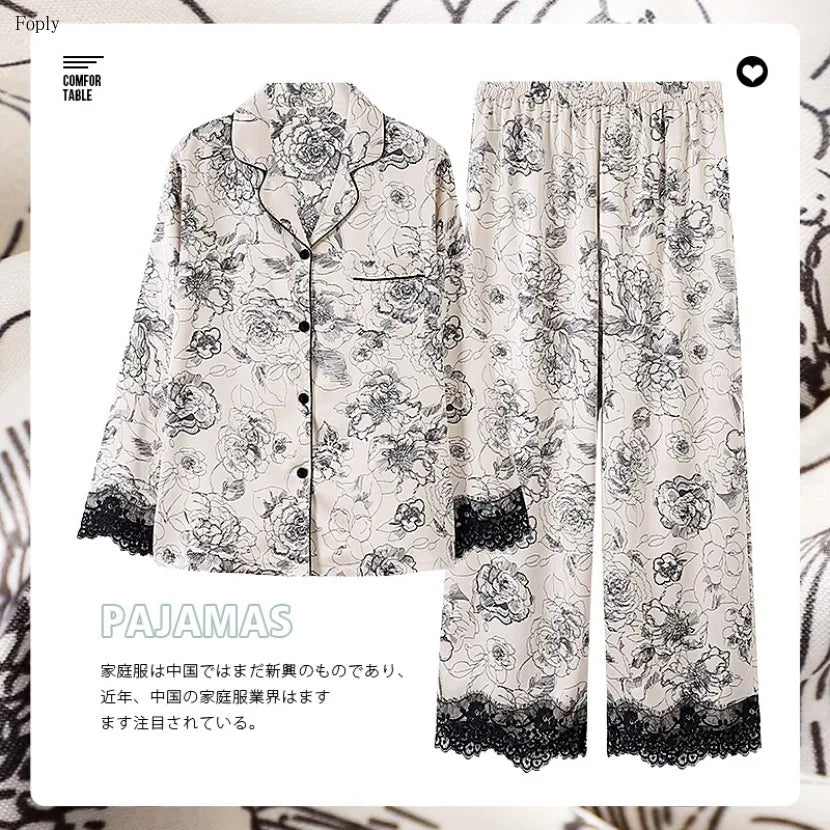 Flower Print Lace Two-piece Satin Pajamas for Women - Spring &amp; Autumn