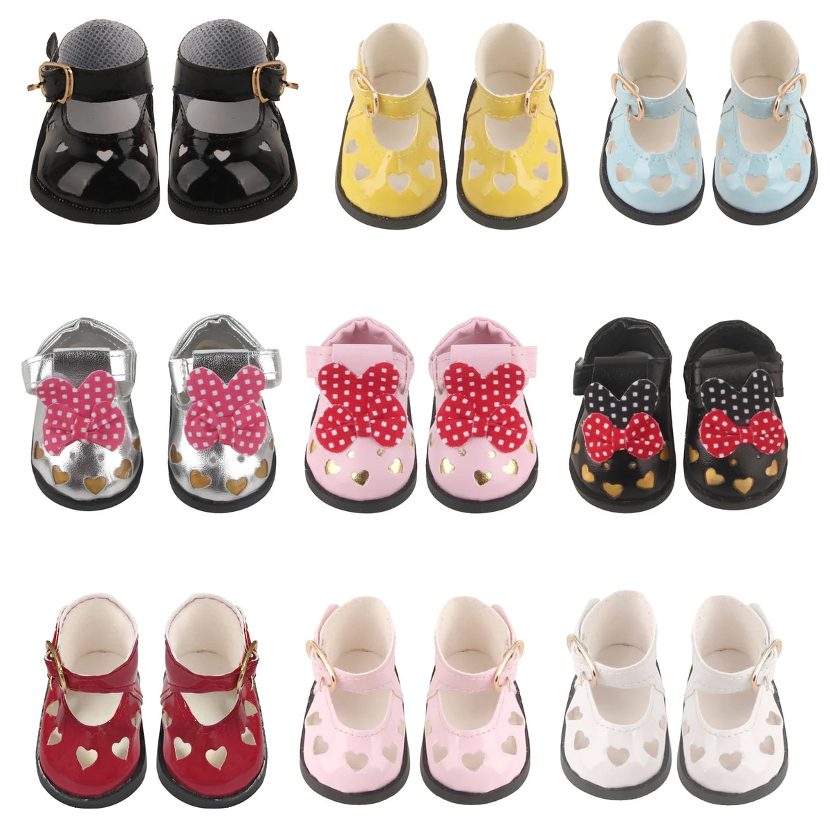 Charming 5.5CM PU Leather Mini Doll Shoes with Heart Bow for 14-Inch Dolls