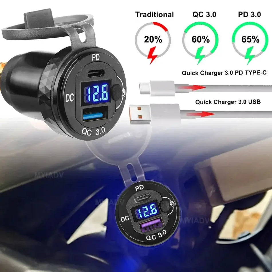 Dual USB Charger Adapter 12V QC3.0 Type-C PD DIN Hella LED Display For BMW F800GS R1300GS R1200GS For Ducati For Tiger 900 850 by InterCyprus Trading Ltd