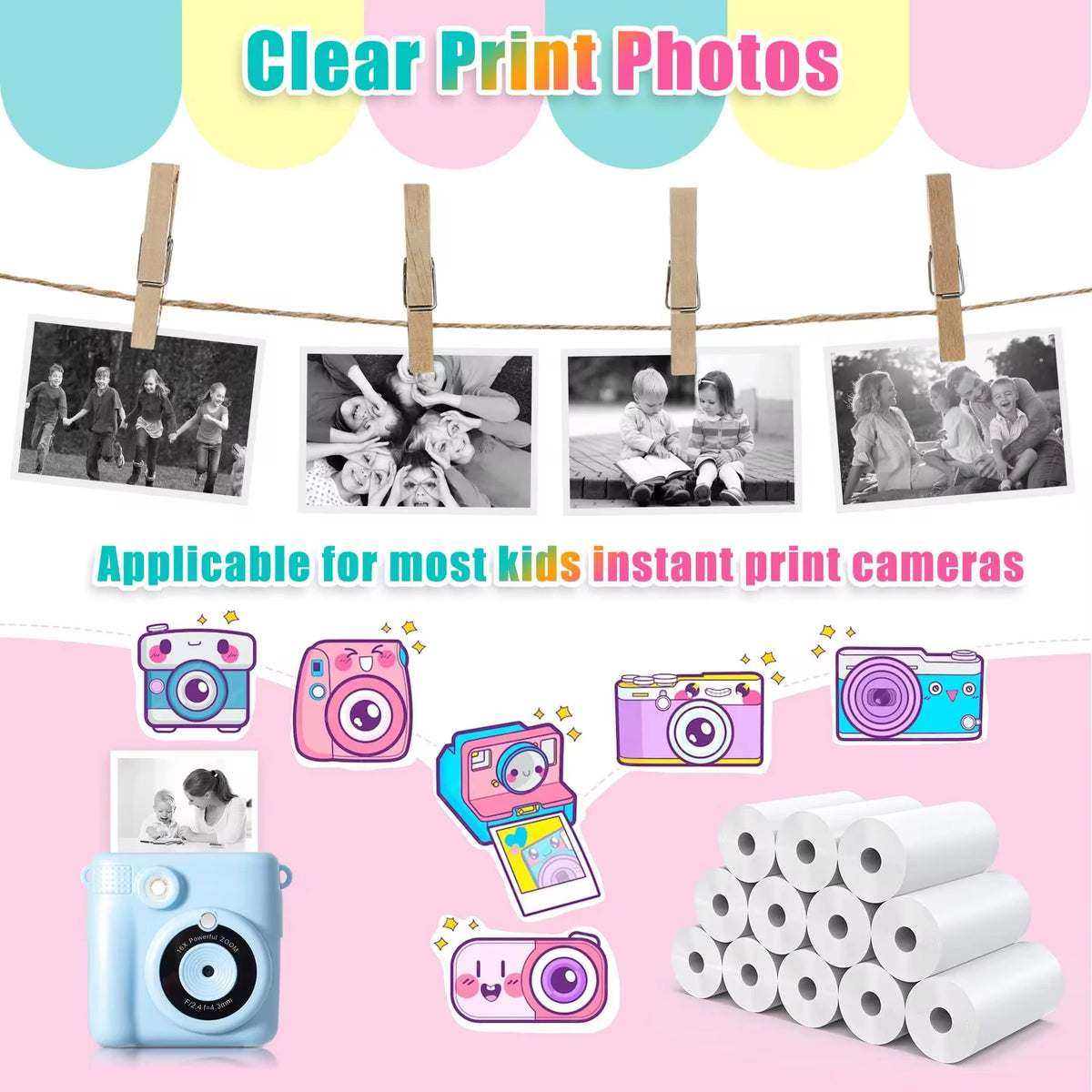 QKX 12 Rolls Instant Print Camera Paper for Kids