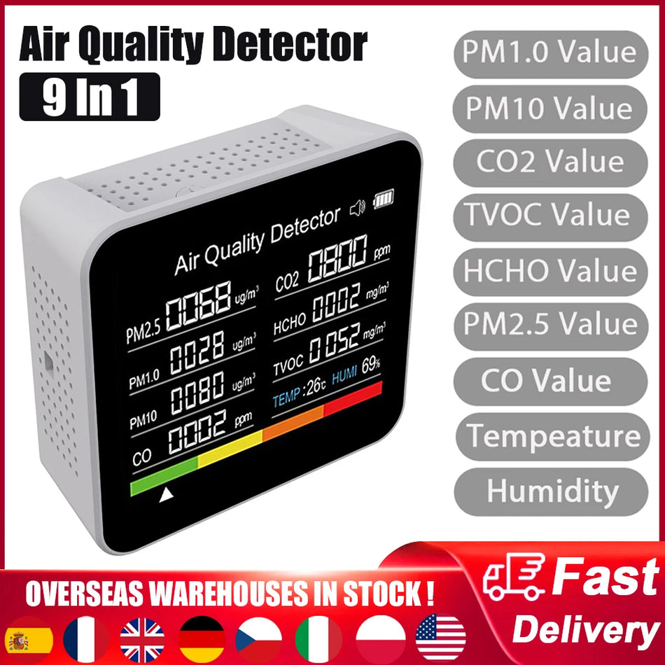 9 In 1 Luchtkwaliteitsmonitor CO2 TVOC HCHO PM25 PM10 LCD