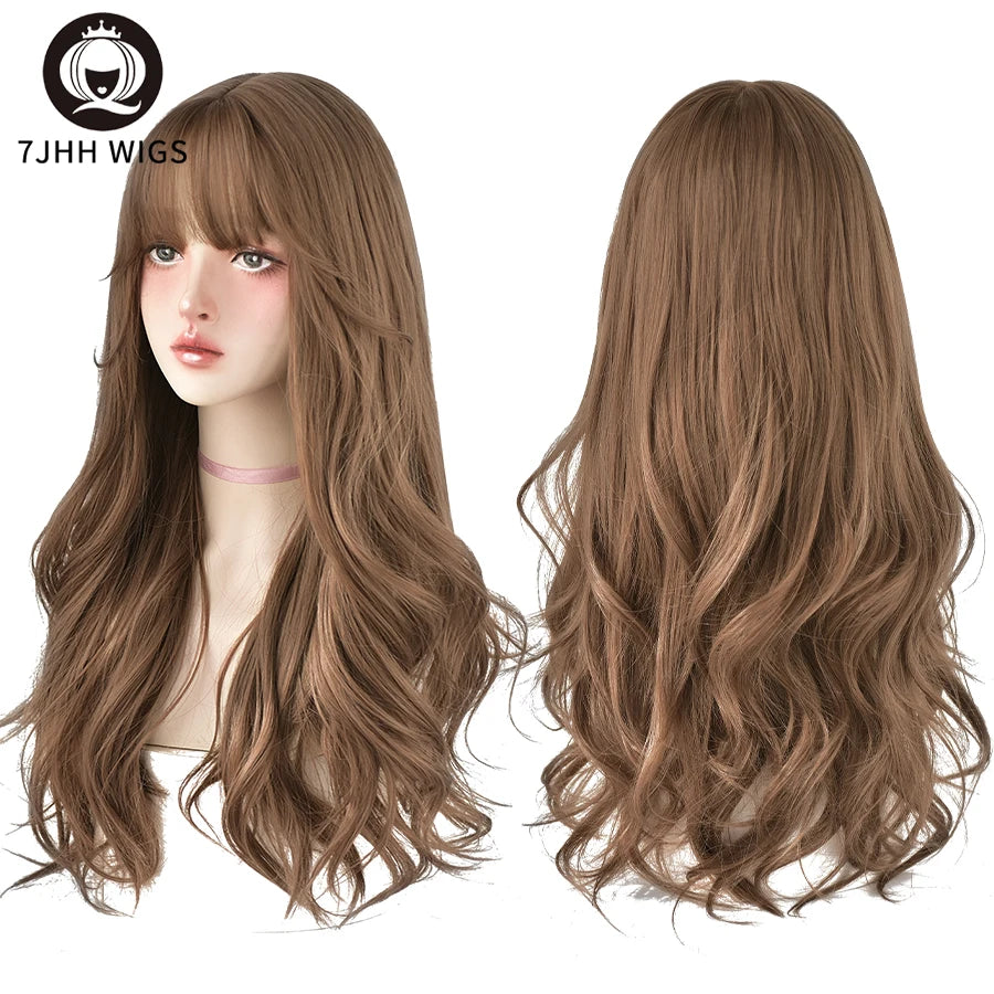 7JHH WIGS Brown Ash Long Deep Wave Wig with Bangs