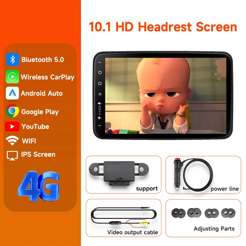 JIUYIN Car Headrest Monitor 10.1 Inch &ndash; Wireless CarPlay and Android Auto ROM 32G 1PCS (4G)