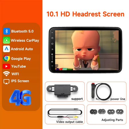 JIUYIN Car Headrest Monitor 10.1 Inch &ndash; Wireless CarPlay and Android Auto ROM 32G 1PCS (4G)