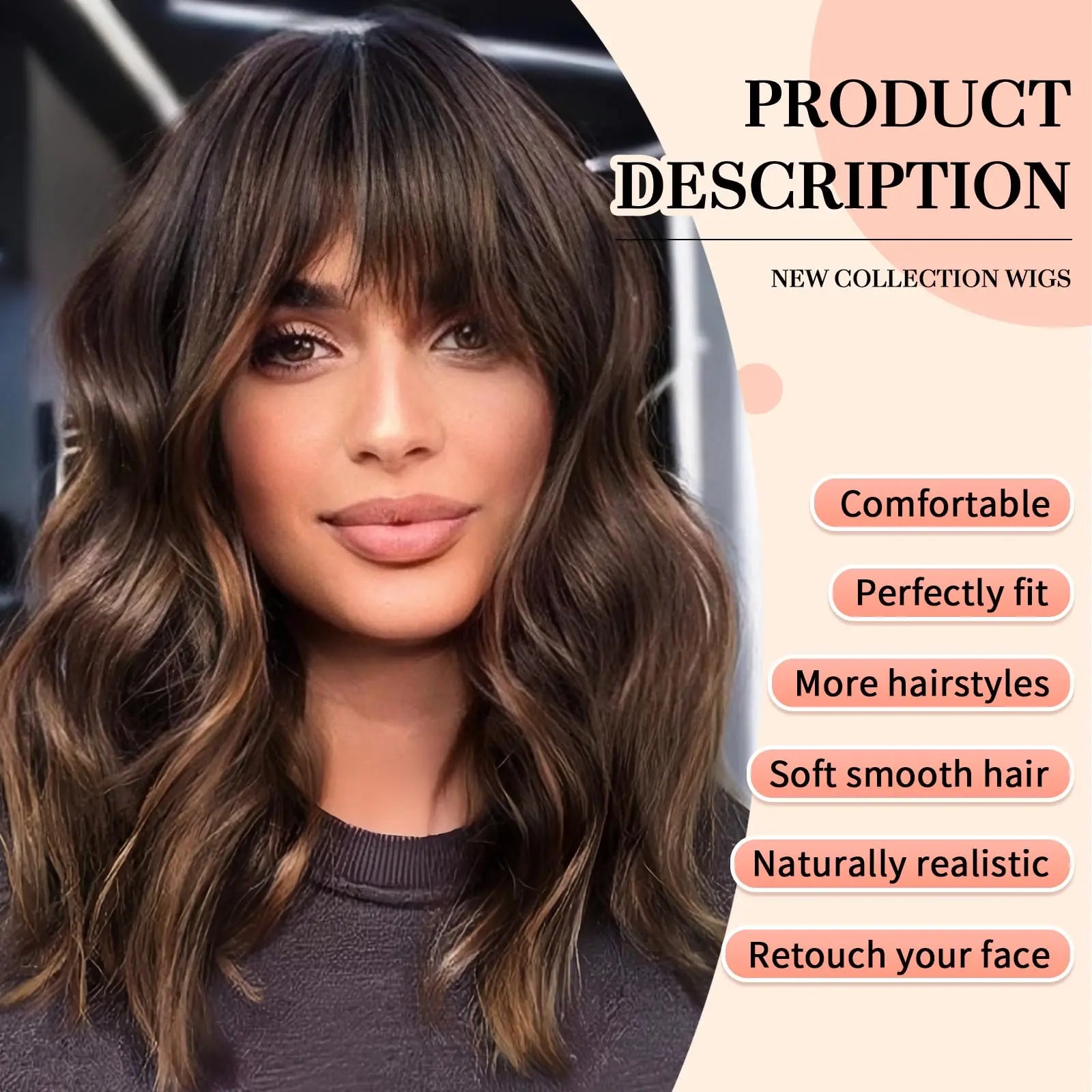 Short Brown Highlight Wavy Bob Wig with Bangs for Daily Use