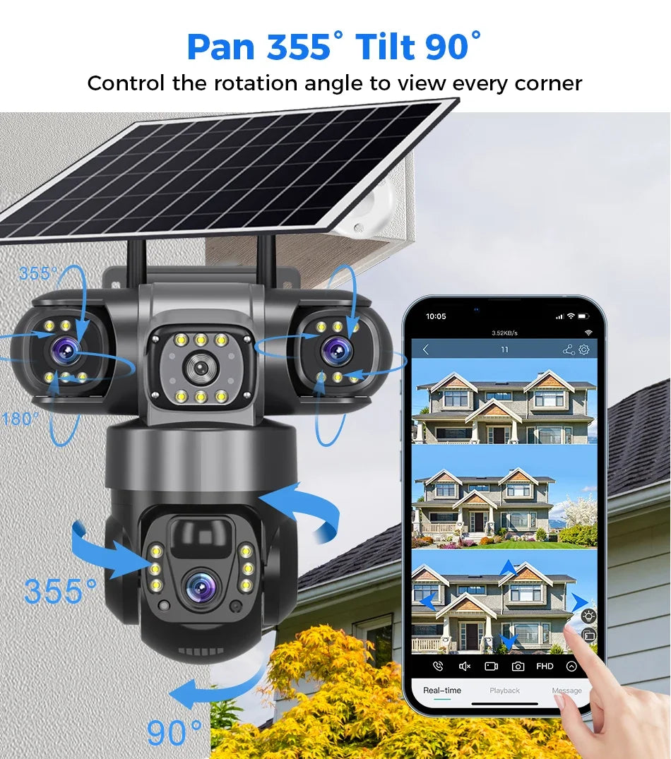 V380 Pro Solar Camera 4G SIM Outdoor Three Lens Three Screens PIR Human Detect CCTV Security Battery PTZ IP Camara Farm orchard
