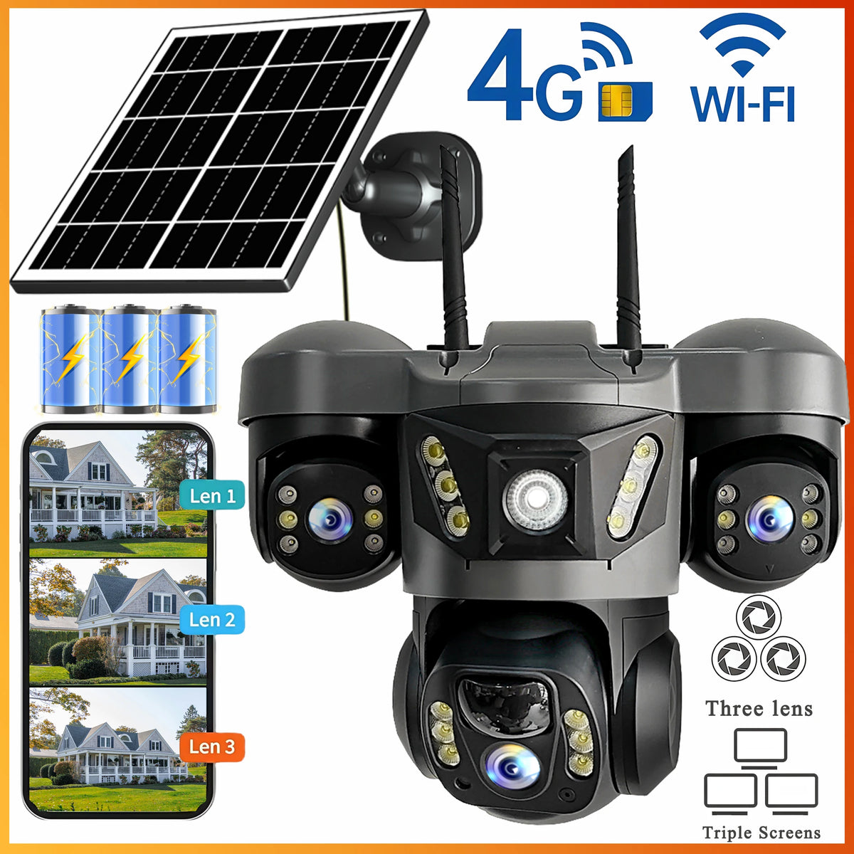 V380 Pro 15MP WIFI IP Solar Camera Three Lens Audio Outdoor IP66 Waterproof Built-in Battery HD Security CCTV 4G Network Camera