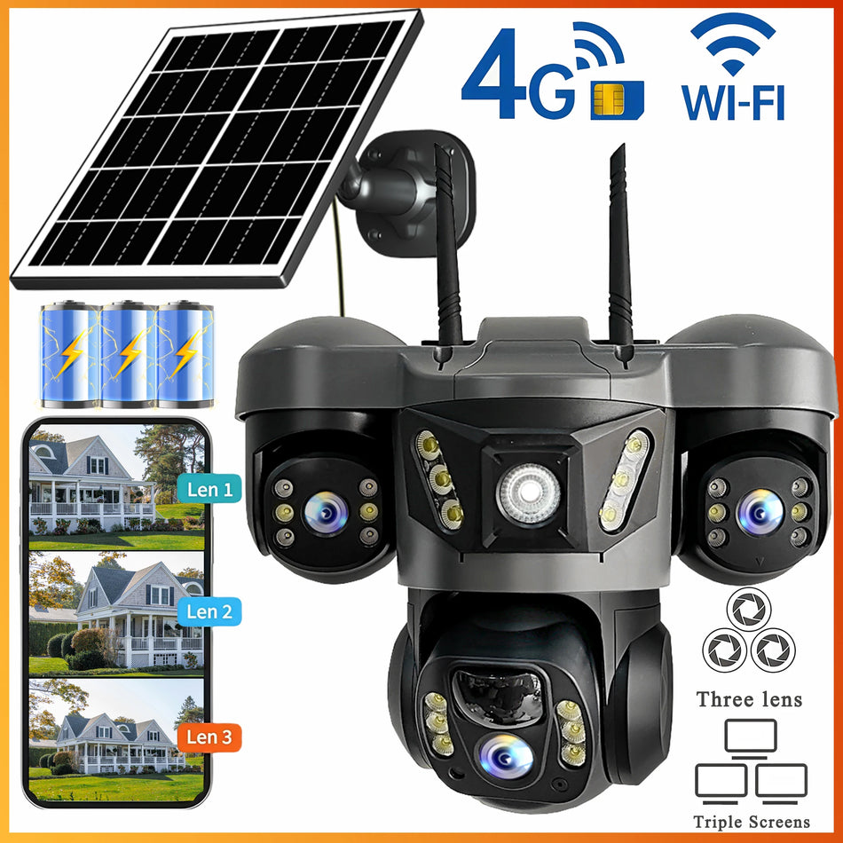 V380 Pro 15MP WIFI IP Solar Camera Three Lens Audio Outdoor IP66 Waterproof Built-in Battery HD Security CCTV 4G Network Camera