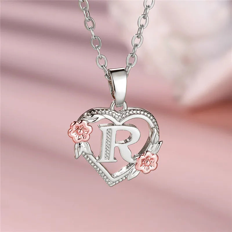 Charming Silver A-Z Letter Flower Pendant Necklace for Women R