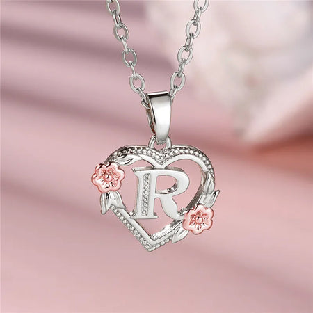 Charming Silver A-Z Letter Flower Pendant Necklace for Women R