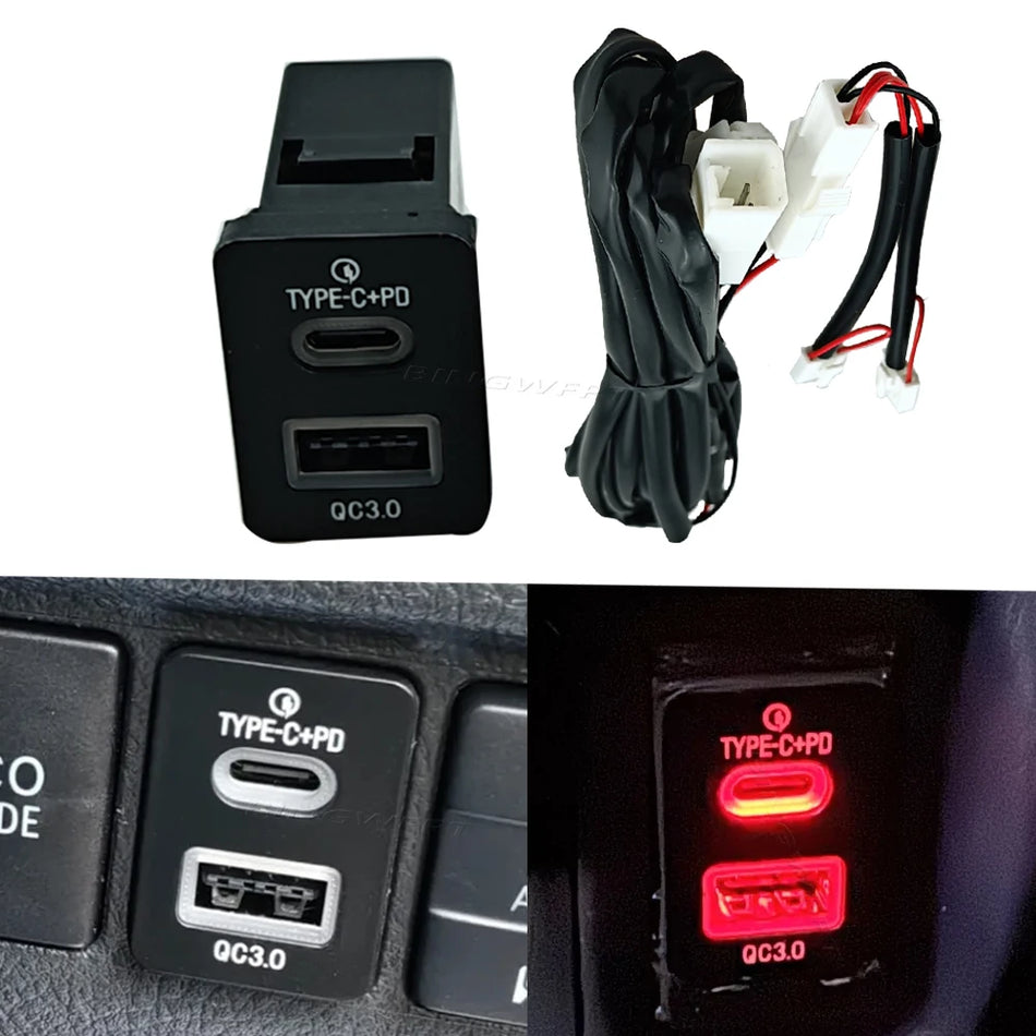 Carregador de Carro Dual USB PD Tipo-C e Tipo-A para Toyota Corolla, RAV4