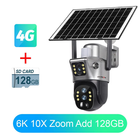 LS VISION 4G SIM Card Solar Camera 10X Zoom CCTV Battery Cameras Outdoor 2 Screen Security Surveillance Ai Tracking Cam V380PRO 6K 10xZoom Add 128G / Saudi Arabia
