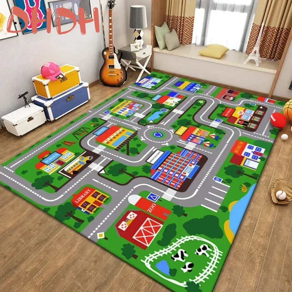 Tapis de jeu éducatif pour bébé avec activités de carte routière de ferme en polyester doux
