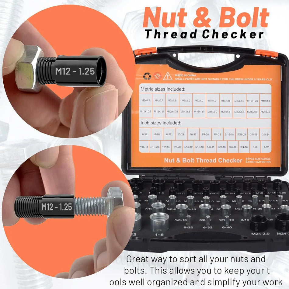 44Pcs Nut and Bolt Thread Gauge Set, Metric and SAE, Carbon Steel, Case Included