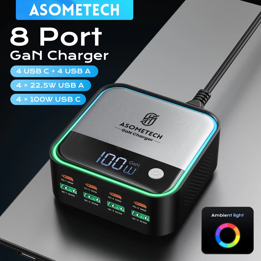GaN USB C Charger 8 Port &ndash; 100W PD Fast Charging with Ambient Lighting Display US Plug