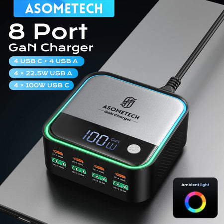 GaN USB C Charger 8 Port &ndash; 100W PD Fast Charging with Ambient Lighting Display US Plug