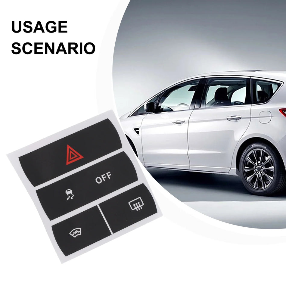 Autocolante de reparare pentru butoanele de pericol, dezghețare și ESP pentru Ford S-Max, vinil de înaltă calitate, overlay negru cu litere albe