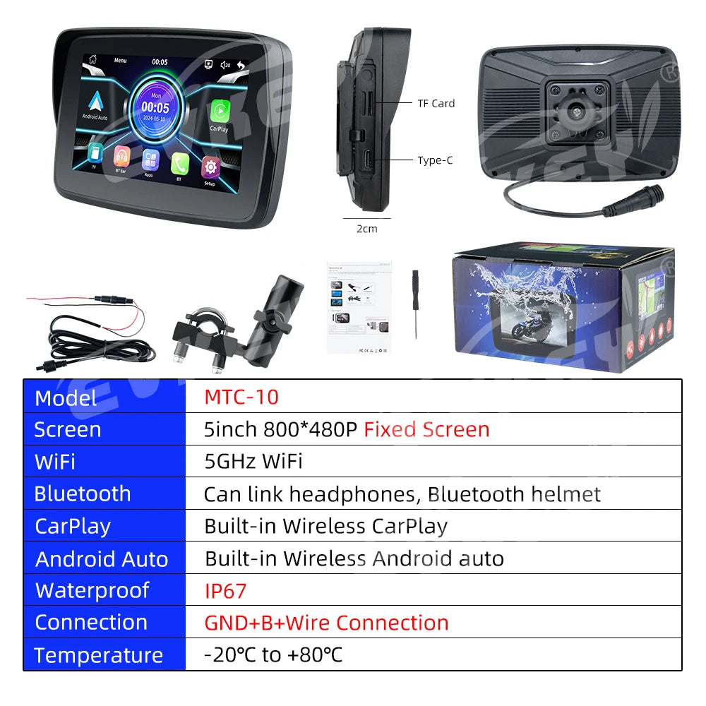 EVKEY Motorcycle Navigation CarPlay Display Screen &ndash; Wireless Android Auto Waterproof Monitor MTC-10