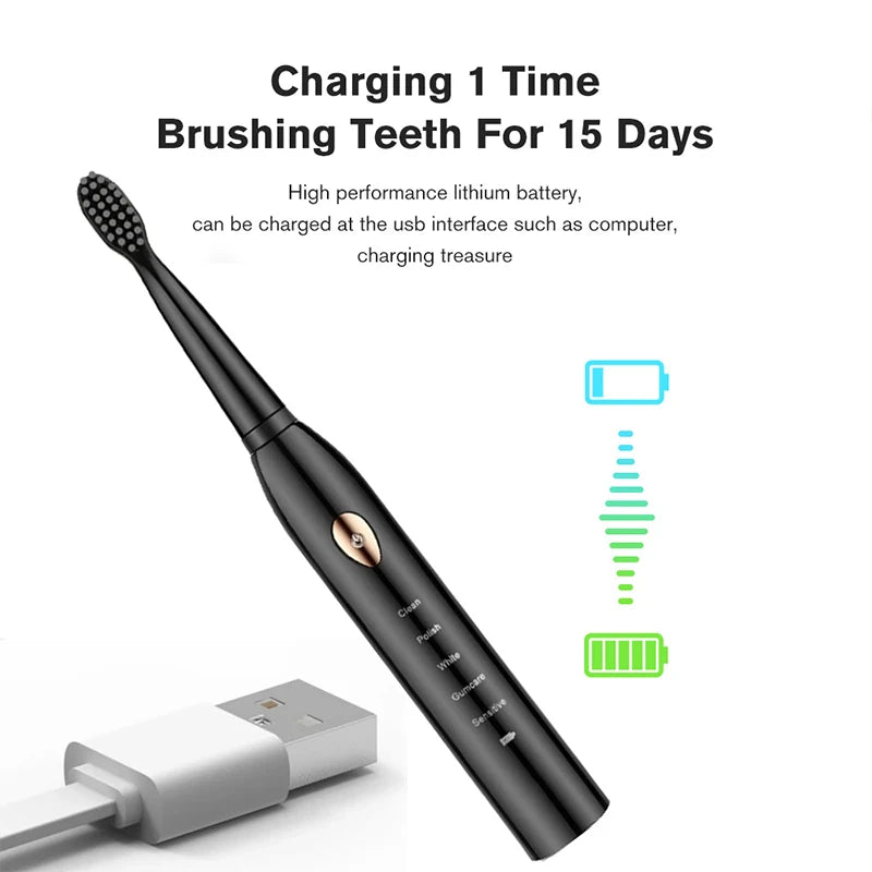 Clean Adult Black White Classic Acoustic Electric Toothbrush &ndash; Customizable 5-Gear Mode