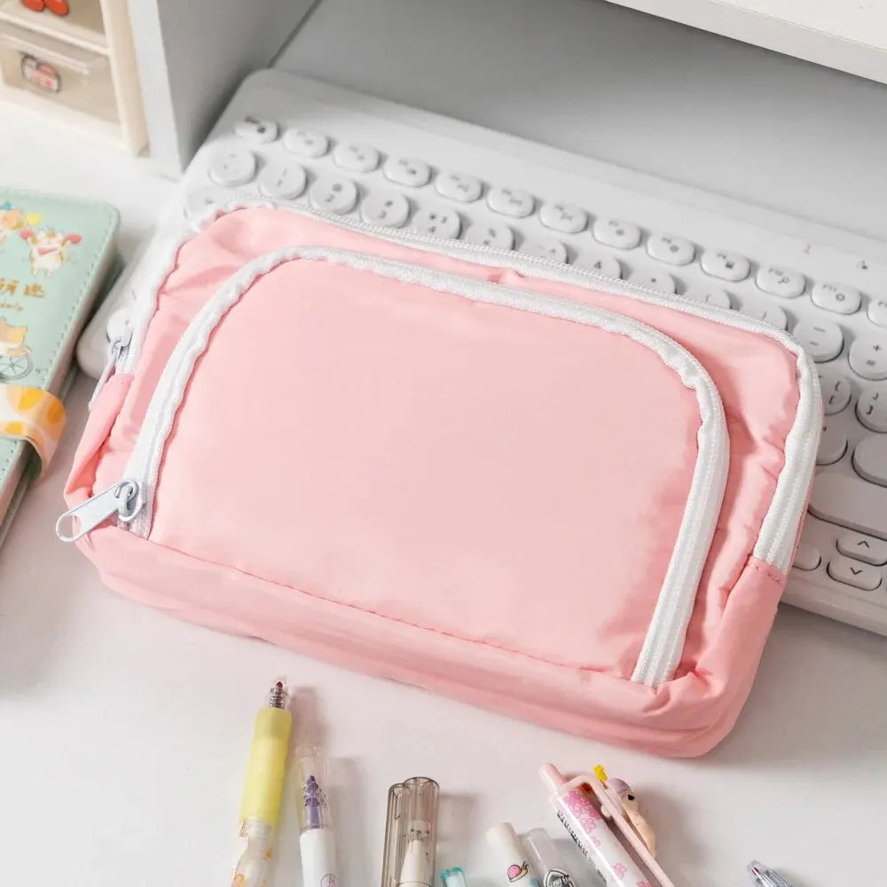 Kawaii Pencil Case | 3 Layer Cute Pen Bag | Large Capacity Korean Organizer No logo-Pink