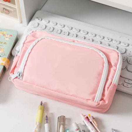 Kawaii Pencil Case | 3 Layer Cute Pen Bag | Large Capacity Korean Organizer No logo-Pink