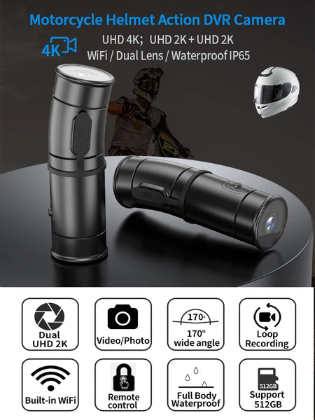 2K Helmet Camera WiFi Dual UHD &ndash; Waterproof Action Cam with Electronic Image Stabilization