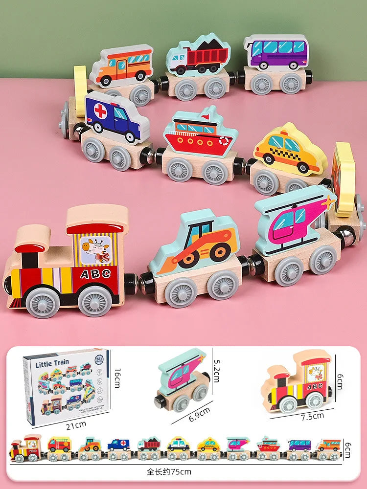 Montessori Magnetic Wooden Educational Train Set - Learning Colors and Animals Puzzle for Kids, Includes 10 Carriages with Cute Themes Transportation