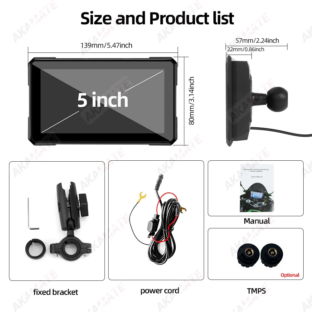 AKAMATE 5Inch Motorcycle Monitor &ndash; Wireless CarPlay