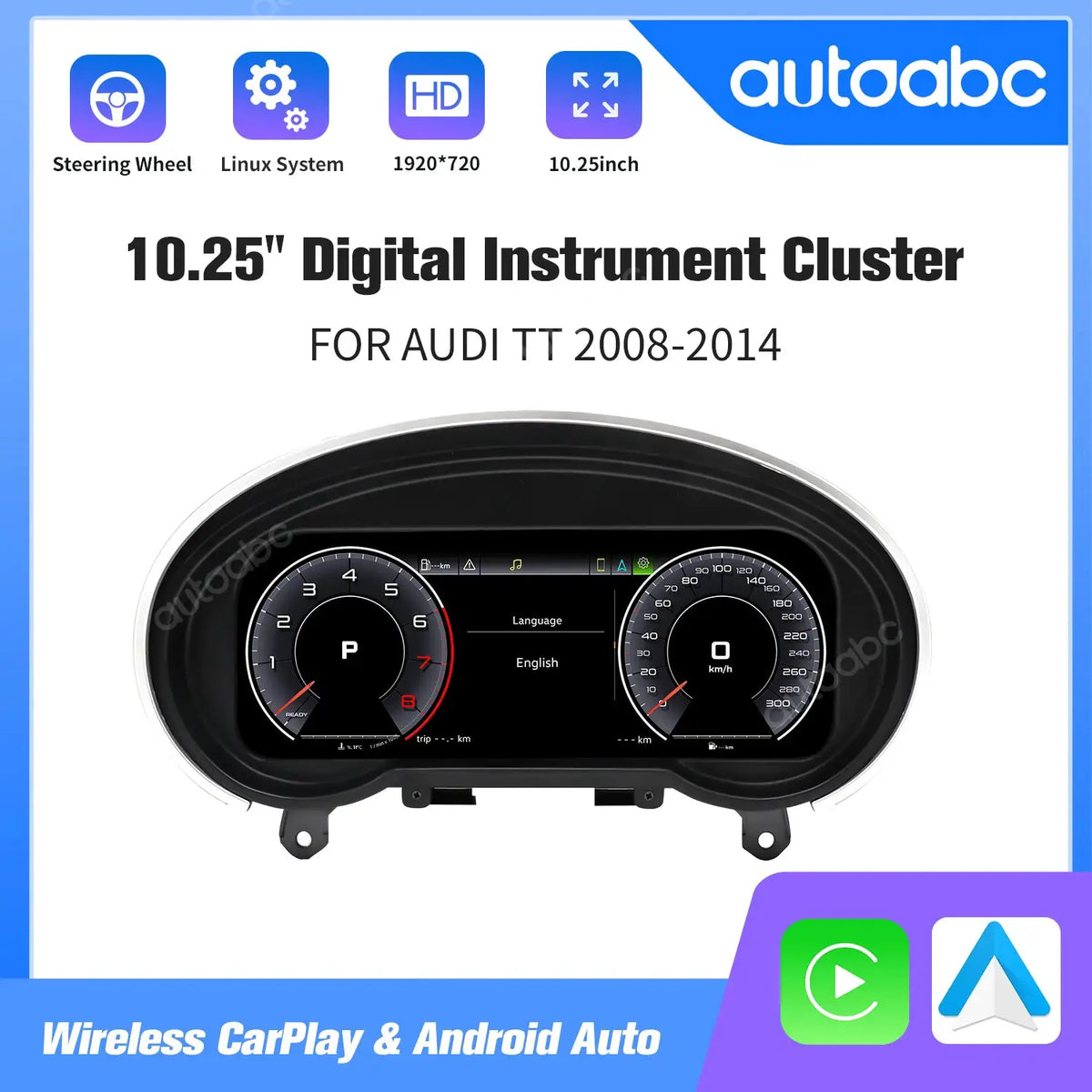 AUTOABC 10.25' LCD Digital Dashboard Cluster Wireless CarPlay Android Auto FOR AUDI TT 2008-2014 year Screen mirroring function by InterCyprus Trading Ltd