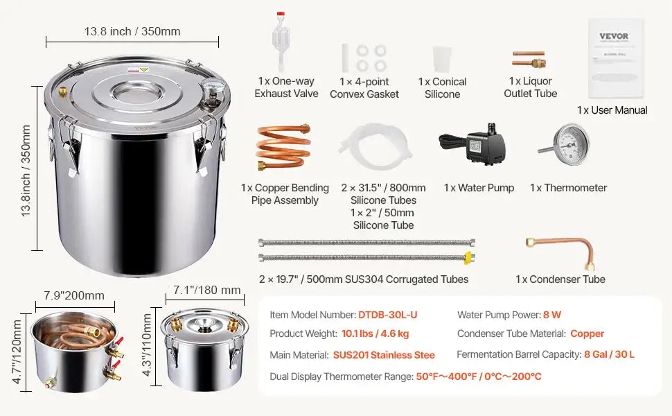 Stainless Steel Alcohol Distiller Kit Dual Condenser DTDB-30L-Ucoppertube / france