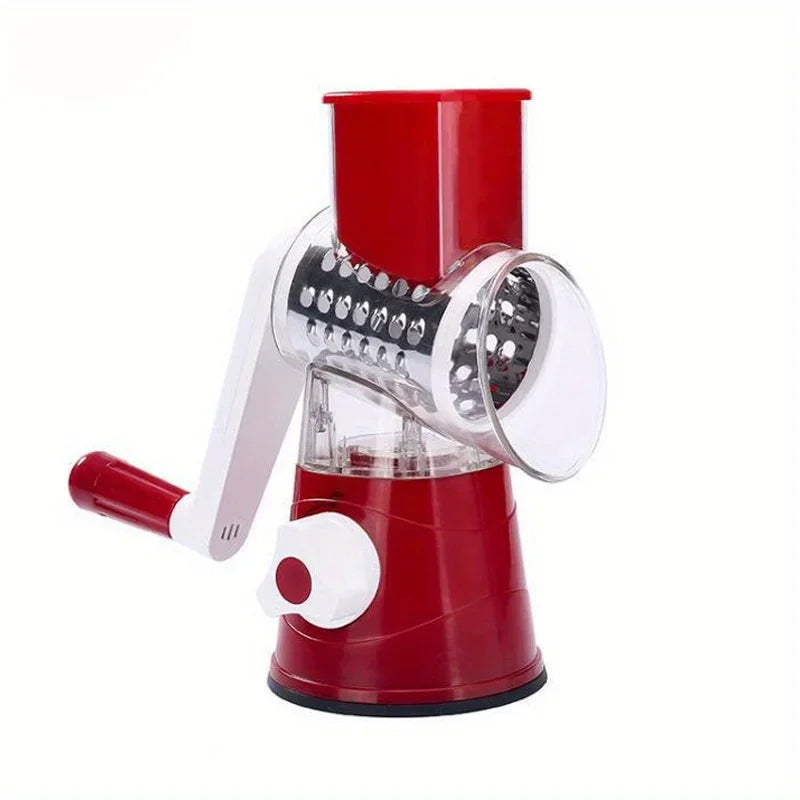 Manual Vegetable Cutter &amp; Slicer - Multifunctional Cheese &amp; Garlic Shredder with 3 Sharp Drums Red