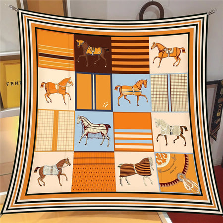 Pobing 90cm Twill Silk Scarf &ndash; Elegant Checkered Horse Print ORANGE(5) / 90CM x 90CM / CHINA|>8Y