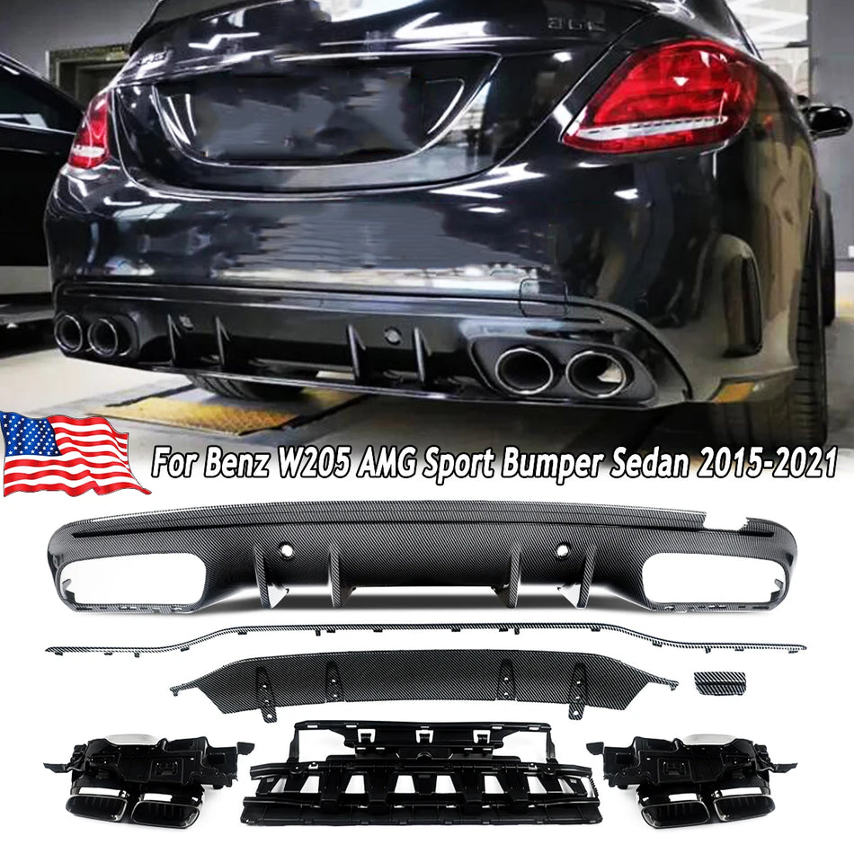 Difusor Trasero Mercedes W205 con Salidas de Escape, Estilo AMG Look de Fibra de Carbono