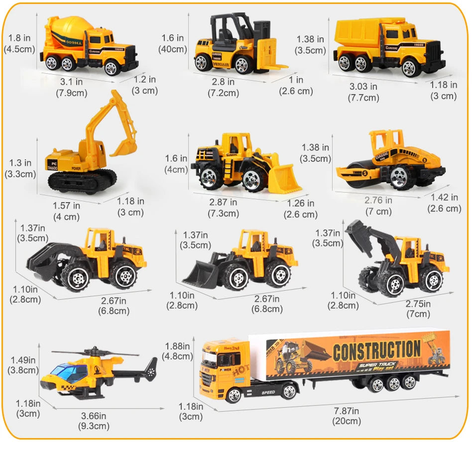 12in1 Mini Construction Model Vehicle &ndash; 1:64 Scale Diecast Engineering Trucks