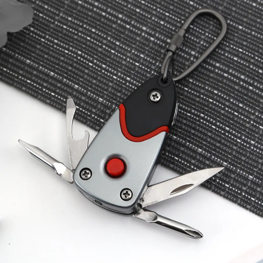 Multifunctional Outdoor 6-in-1 Folding Knife Mini Pocket Keychain Multitool Bottle Opener Screwdriver Blade LED Survival Tool