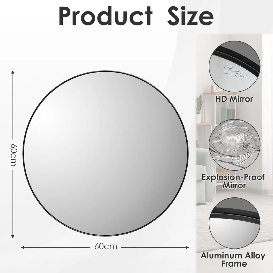 Espelho de Parede Redondo 60x60cm e 80x80cm Metal Preto Escovado