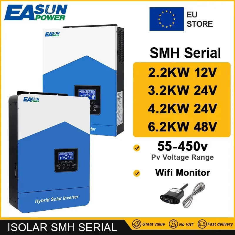 Invertor încărcător solar sinusoidal hibrid MPPT Easun Power off-grid, intrare 12-48V, ieșire 230V, 50/60 Hz