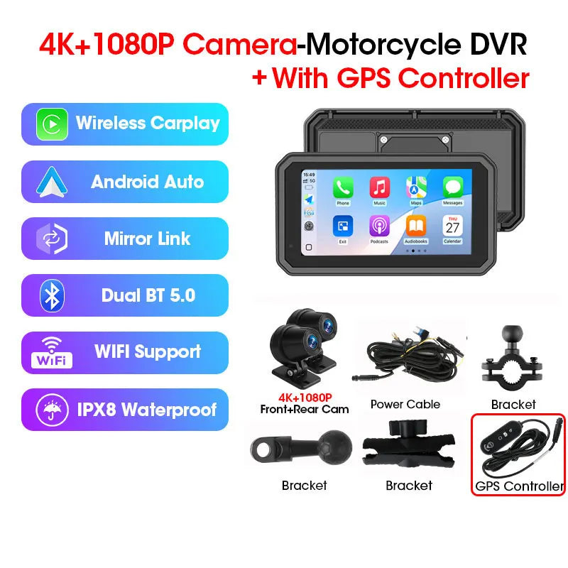 Srnubi 6.25 Inch Moto DVR GPS Motorcycle Navigator &ndash; Wireless CarPlay and Android Auto Support Moto DVR GPS / None