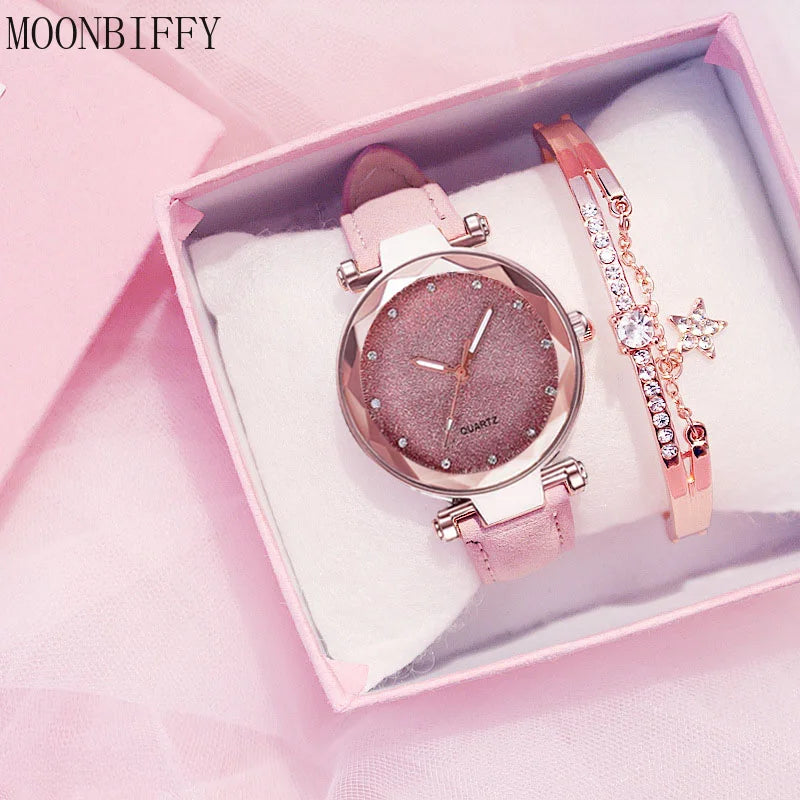 Romantic Starry Sky Leather Bracelet Watch for Women