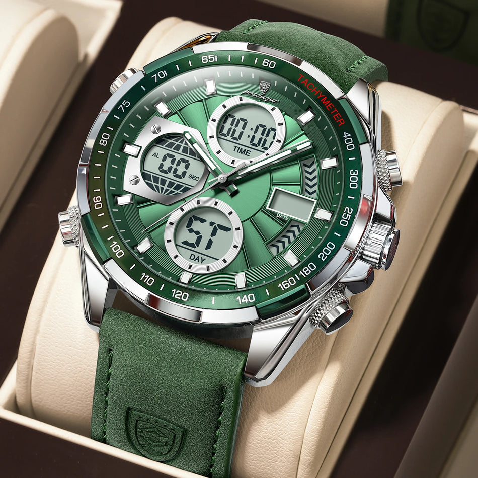 Orologio da uomo di lusso LED POEDAGAR con quadrante luminoso, doppio fuso orario, data