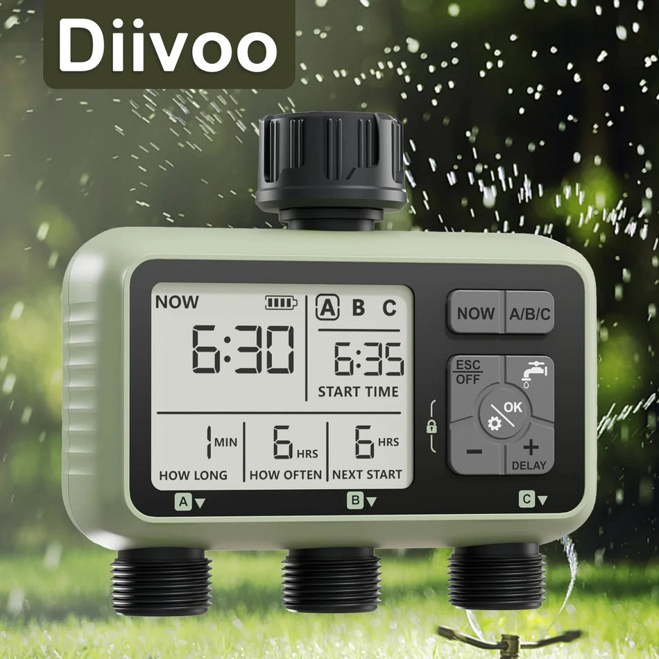 Diivoo 3-Outlet Garden Hose Timer - Automatic Irrigation with Rain Delay