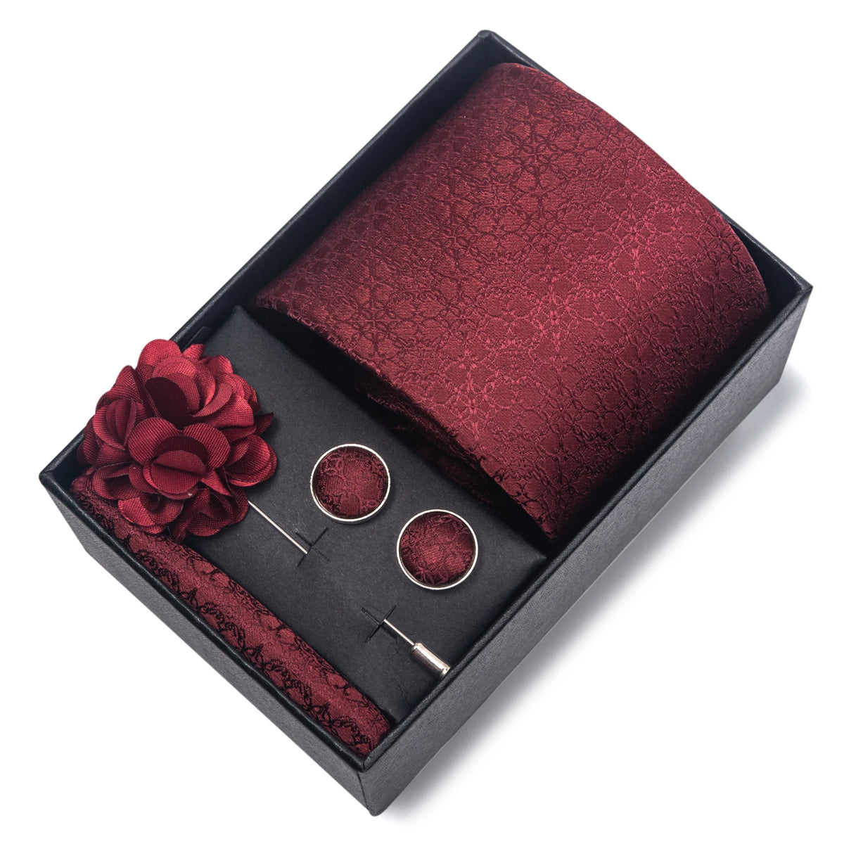 VanGise Red Print Silk Tie Set with Handkerchief and Cufflinks in Gift Box