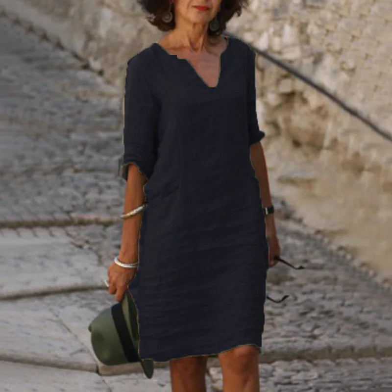 Vintage V-Neck Mini Dress for Women &ndash; Casual Cotton Linen Summer Style