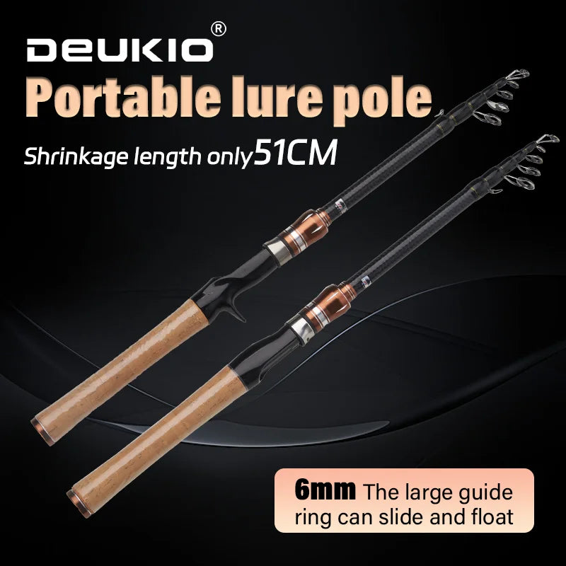 DEUKIO Carbon Telescopic Lure Rod 1.8M 2.1M - Baitcasting Fishing Pole with Wooden Handle