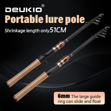 DEUKIO Carbon Telescopic Lure Rod 1.8M 2.1M - Baitcasting Fishing Pole with Wooden Handle