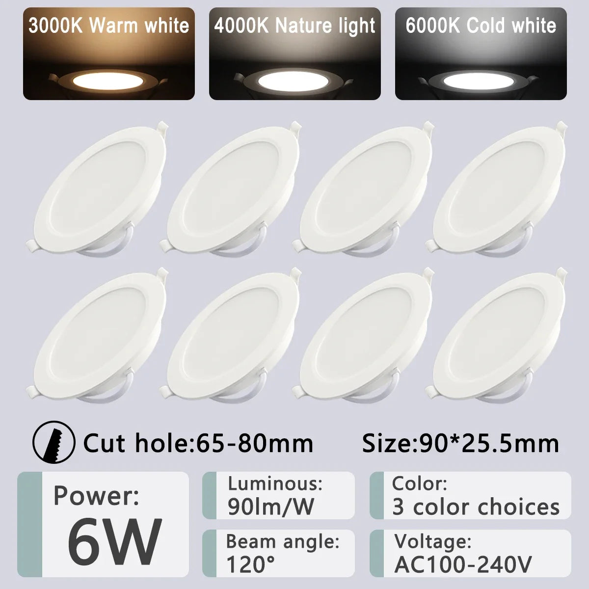 8 Pack Recessed Led Downlight 8 Inch &ndash; Multi Color Temp 6W / Cold white 6000K / AC100-240V