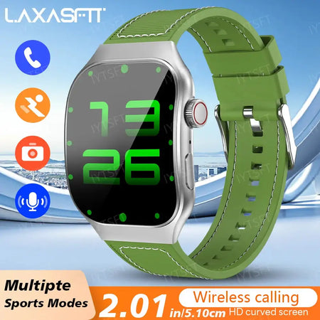 LAXASFIT 2.01 Curved Screen Mens Smartwatch Bluetooth 5.3 Green