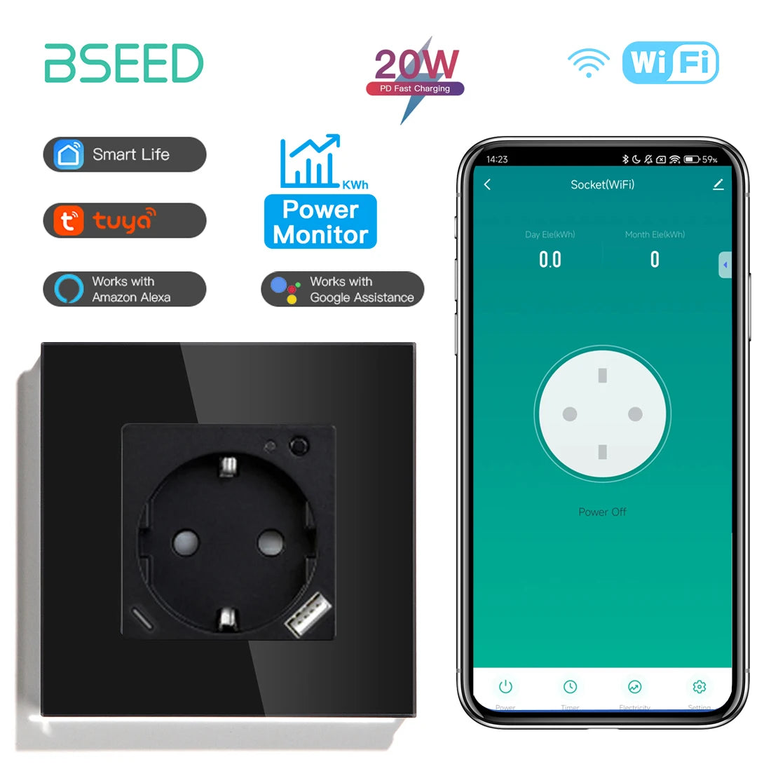 BSEED Smart Wifi Wall Socket 86mm Black / EU
